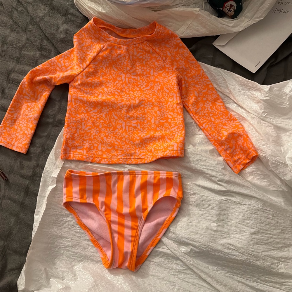 Kids Orange Floral Long-Sleeve Rash Guard Swim Set 18 months VGUC